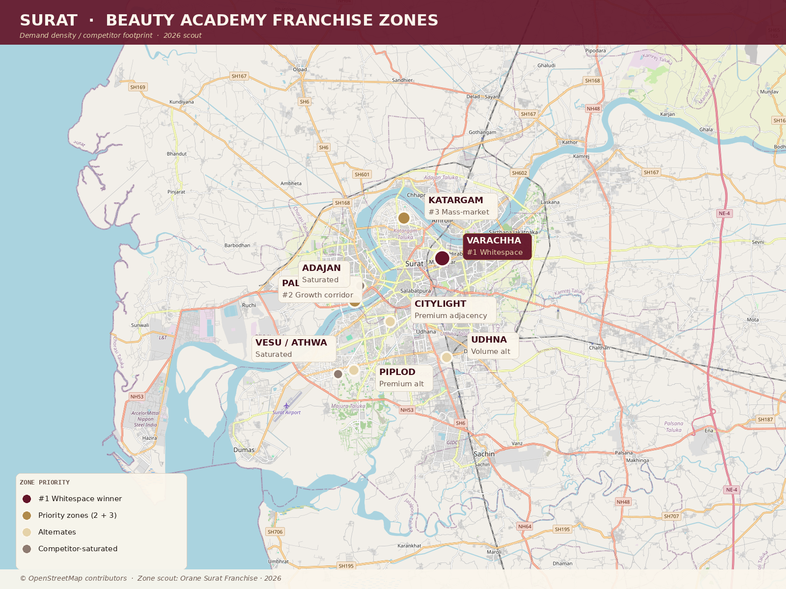 Map of Surat showing beauty academy franchise zones by demand density and competitor footprint